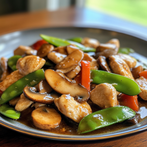 Capture a high-quality close-up photo of a delicious plate of Moo Goo Gai Pan taken with an iPhone 14 Pro Max. The dish features tender chicken slices, fresh mushrooms, snow peas, and vibrant vegetables, all coated in a light, glossy sauce. The focus should be sharp, with a slight blur in the background to emphasize the food's texture. The plate is set on a simple yet elegant wooden table in a modern Asian dining setting, with soft natural lighting from a window. The overall mood should feel warm, appetizing, and inviting.
